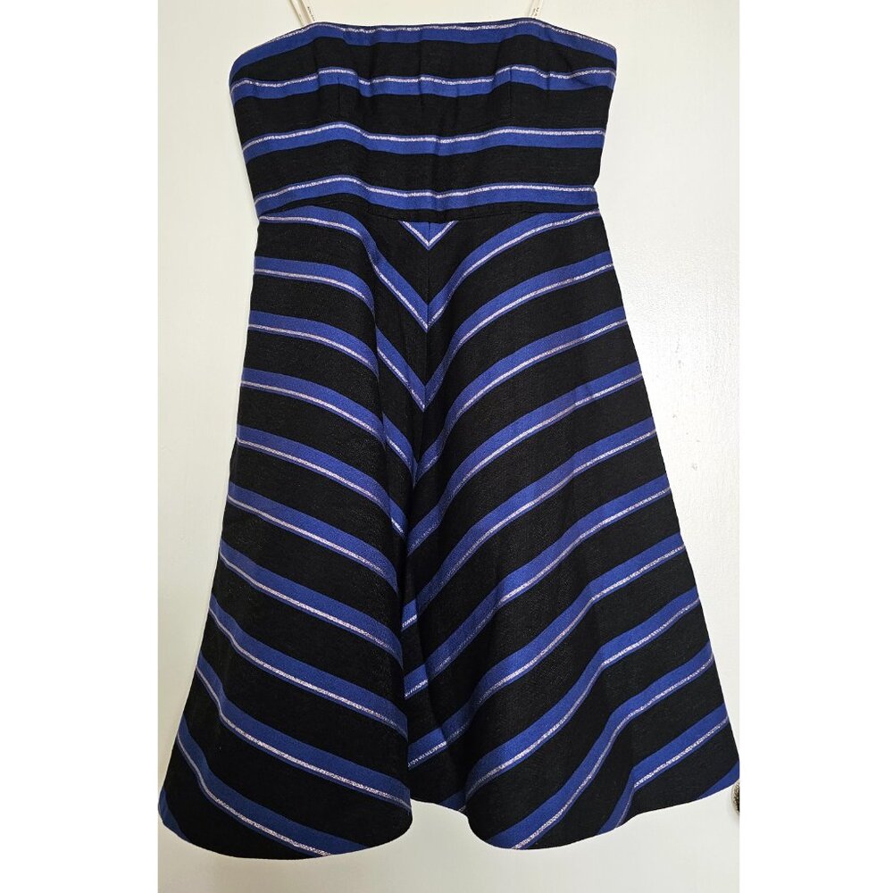 Halston Heritage A-Line Striped Strapless Flare Mini Dress 6 Black & Blue